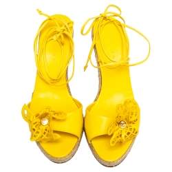 Pre Owned Celine Yellow Leather Cutout Flower Ankle Tie Wedge Espadrille Sandals Size 38