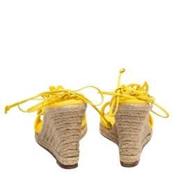 Pre Owned Celine Yellow Leather Cutout Flower Ankle Tie Wedge Espadrille Sandals Size 38