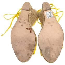 Pre Owned Celine Yellow Leather Cutout Flower Ankle Tie Wedge Espadrille Sandals Size 38