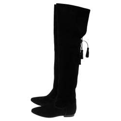 Pre Owned Celine Black Suede Fringe Thigh High Boots Size 39