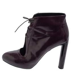 Pre Owned Celine Purple Glossy Leather Lace Up Ankle Boots Size 38.5