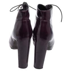 Pre Owned Celine Purple Glossy Leather Lace Up Ankle Boots Size 38.5