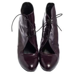 Pre Owned Celine Purple Glossy Leather Lace Up Ankle Boots Size 38.5