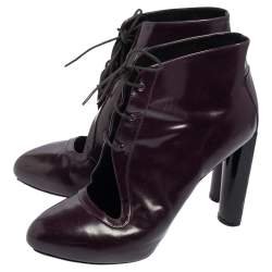 Pre Owned Celine Purple Glossy Leather Lace Up Ankle Boots Size 38.5