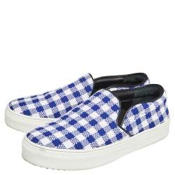 Pre Owned Céline White/Blue Check Canvas Slip On Sneakers Size 38