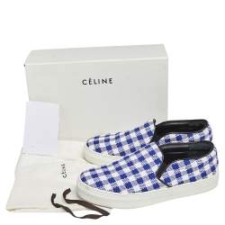 Pre Owned Céline White/Blue Check Canvas Slip On Sneakers Size 38