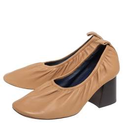 Celine Beige Leather Scrunch Ballerina Block Heel Pumps Size 39