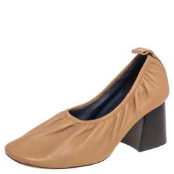 Celine Beige Leather Scrunch Ballerina Block Heel Pumps Size 39