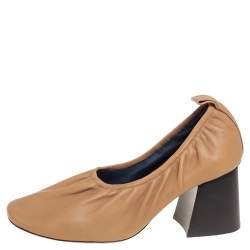 Celine Beige Leather Scrunch Ballerina Block Heel Pumps Size 39