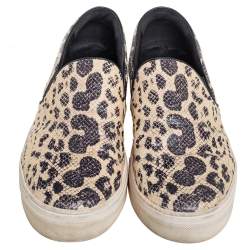 Celine Beige/Black Python Embossed Leather Slip On Sneakers Size 40