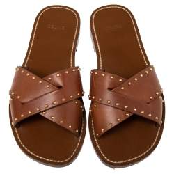 Pre Owned Celine Brown Leather Studded Crisscross Slide Sandals Size 37