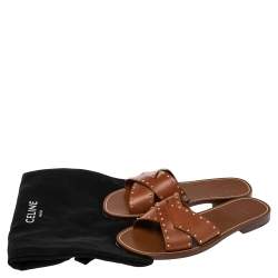 Pre Owned Celine Brown Leather Studded Crisscross Slide Sandals Size 37