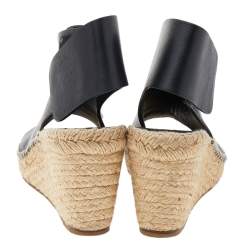 Pre Owned Celine Black Leather Open Toe Espadrilles Platform Wedge Sandals Size 38