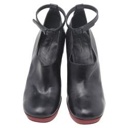 Pre Owned Celine Black Leather Ankle Length Block Heel Boots Size 38