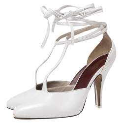 Pre Owned Celine White Leather Night Out T-Strap Ankle Wrap Pumps Size 38