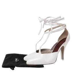 Pre Owned Celine White Leather Night Out T-Strap Ankle Wrap Pumps Size 38