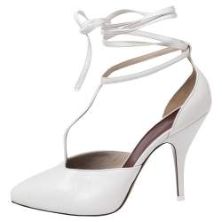 Pre Owned Celine White Leather Night Out T-Strap Ankle Wrap Pumps Size 38