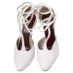 Pre Owned Celine White Leather Night Out T-Strap Ankle Wrap Pumps Size 38