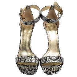 Pre Owned Celine Silver/Black  Python Embossed Leather  Ankle Strap Sandals Size 39