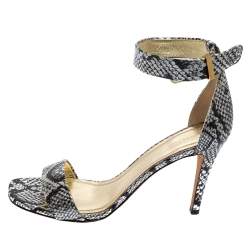 Pre Owned Celine Silver/Black  Python Embossed Leather  Ankle Strap Sandals Size 39