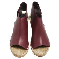 Pre Owned Celine Burgundy Leather Open Toe Espadrille Wedge Sandals Size 36