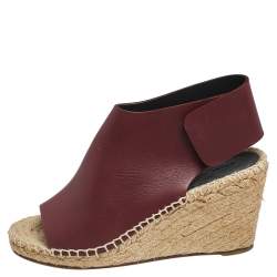 Pre Owned Celine Burgundy Leather Open Toe Espadrille Wedge Sandals Size 36