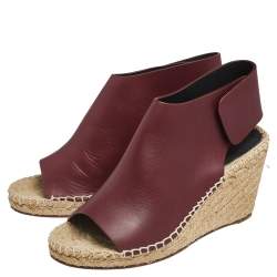 Pre Owned Celine Burgundy Leather Open Toe Espadrille Wedge Sandals Size 36