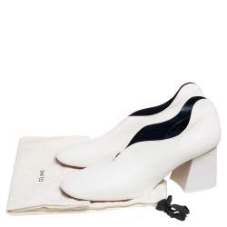 Pre Owned Celine White Leather V-Neck Block Heel Pumps Size 38.5