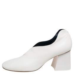 Pre Owned Celine White Leather V-Neck Block Heel Pumps Size 38.5