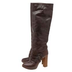 Pre Owned Celine Brown Leather Buckle Detail Platform Knee Length Boots Size 39