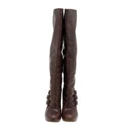 Pre Owned Celine Brown Leather Buckle Detail Platform Knee Length Boots Size 39