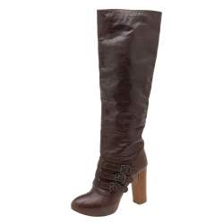 Pre Owned Celine Brown Leather Buckle Detail Platform Knee Length Boots Size 39