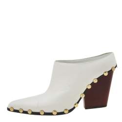 Pre Owned Celine White Leather Studded Pointed-Toe Booties Size 39