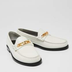 Pre Owned Celine White Leather Chain Embellished Slip On Loafers Size 37