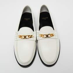 Pre Owned Celine White Leather Chain Embellished Slip On Loafers Size 37