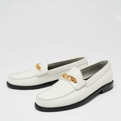 Pre Owned Celine White Leather Chain Embellished Slip On Loafers Size 37
