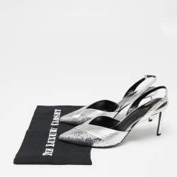 Pre Owned صندل سيلين غليتر وجلد بطيات فضي مقدمة مدببة فتحة كعب مقاس 39