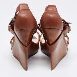 Pre Owned Céline Brown Leather T-Strap Wedge Platform Slingback Sandals Size 37