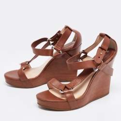 Pre Owned Céline Brown Leather T-Strap Wedge Platform Slingback Sandals Size 37