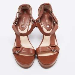 Pre Owned Céline Brown Leather T-Strap Wedge Platform Slingback Sandals Size 37