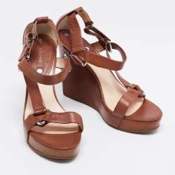 Pre Owned Céline Brown Leather T-Strap Wedge Platform Slingback Sandals Size 37