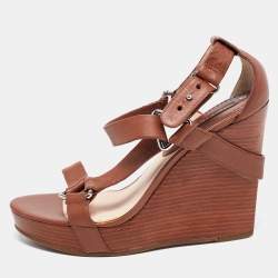 Pre Owned Céline Brown Leather T-Strap Wedge Platform Slingback Sandals Size 37