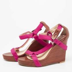 Céline Pink Canvas T-Strap Wedge Slingback Sandals Size 39