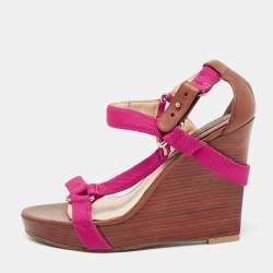 Céline Pink Canvas T-Strap Wedge Slingback Sandals Size 39