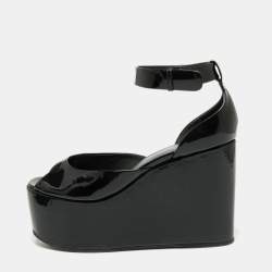 Pre Owned Celine Black Patent Leather Wedge Platform Ankle Strap Sandals Size 38