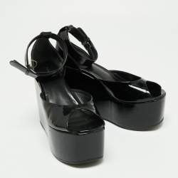 Pre Owned Celine Black Patent Leather Wedge Platform Ankle Strap Sandals Size 38