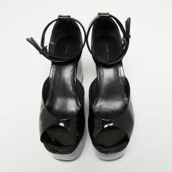 Pre Owned Celine Black Patent Leather Wedge Platform Ankle Strap Sandals Size 38