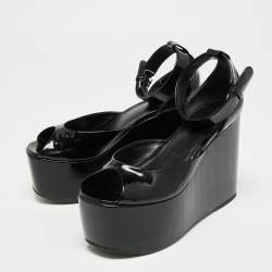 Pre Owned Celine Black Patent Leather Wedge Platform Ankle Strap Sandals Size 38