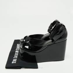 Pre Owned Celine Black Patent Leather Wedge Platform Ankle Strap Sandals Size 38