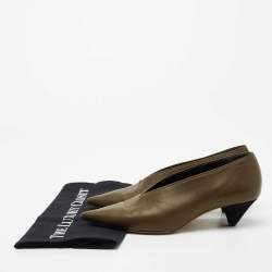 Pre Owned Celine Olive Green Leather V-Neck Pumps Size 37